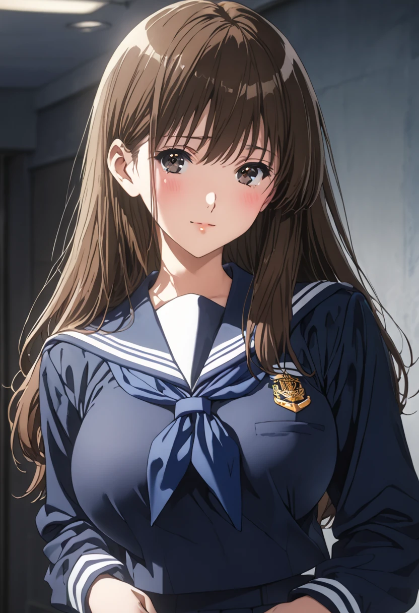 masterpiece, BestQuality, High resolution,16k,official art,super detailed skin,detailed,animated painting,(kuroe mayu:1.3),1990s \(style\),(F-cup beautiful breasts:1.3), (tall:1.2),height: 170cm,Fashion model body type,black eyes,brown hair,long hair,(highschool uniform,navy sailor uniform,navy mini skirt:1.3)、1girl,solo,nsfw,sexy,cool face,light smile,shy,blush,Anime-style painting style,Close up on full body,Cinematic lighting,Superfine,in the city