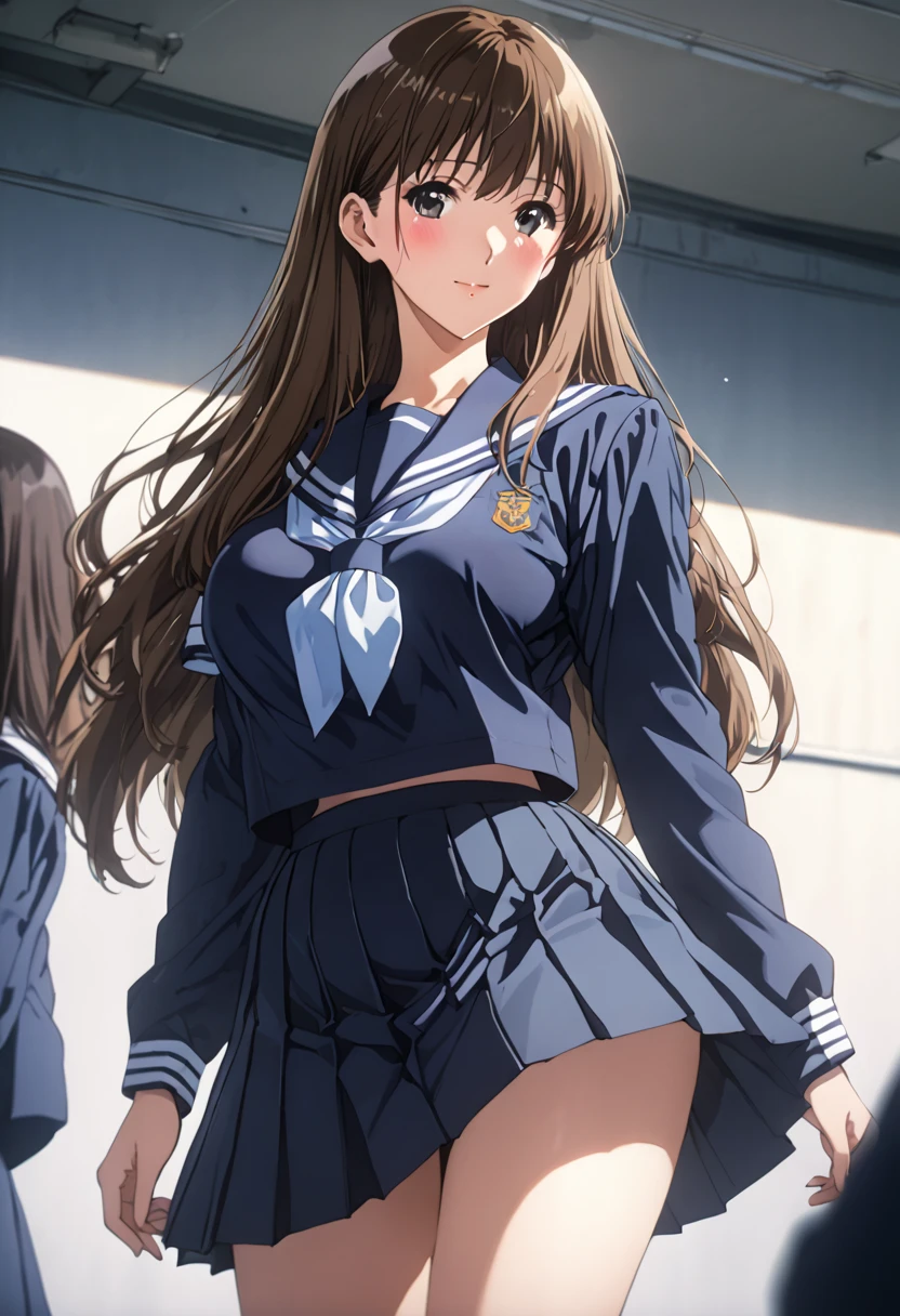 masterpiece, BestQuality, High resolution,16k,official art,super detailed skin,detailed,animated painting,(kuroe mayu:1.3),1990s \(style\),(F-cup beautiful breasts:1.3), (tall:1.2),height: 170cm,Fashion model body type,black eyes,brown hair,long hair,(highschool uniform,navy sailor uniform,navy mini skirt:1.3)、1girl,solo,nsfw,sexy,cool face,light smile,shy,blush,Anime-style painting style,Close up on full body,Cinematic lighting,Superfine,in the city