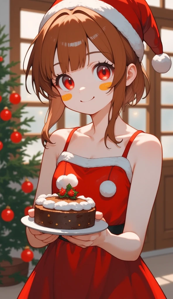 xmas cute, anime, close-up shot, upper body, portrait of a cute girl with long ginger hair, she smile timidly, holding a cake, she standing in a cozy wood house, house decor with Christmas theme, warm lighting, high detail, bight color