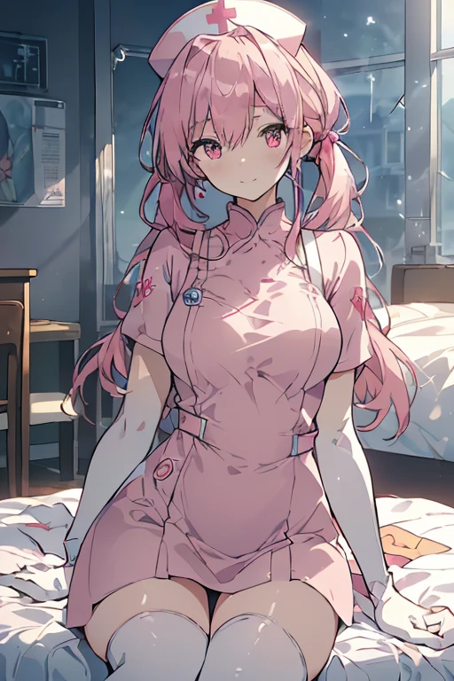 (((pink nurse uniform))), (((greatest masterpiece:1.3, ultimate quality:1.3, ultra-detailed:1.2)), (movie lighting), ((perfectly sensual)), super fine illustration, an extremely delicate and beautiful, 4K, 8K, 16K, UHD, 1 girl, solo, Heith Velvet\(danmachi\), pale pink hair, long hair, twin tails, red crimson eyes, well-proportioned feminine body, anatomically perfect, detailed beautiful face, ((small breasts)),cinematic angle, official artwork, bold composition, alluring image, perfect AI assist, will be a great masterpiece, AddXL,,(with sparkling eyes and a contagious smile),her thin pubic hair:1.2, looking at viewer