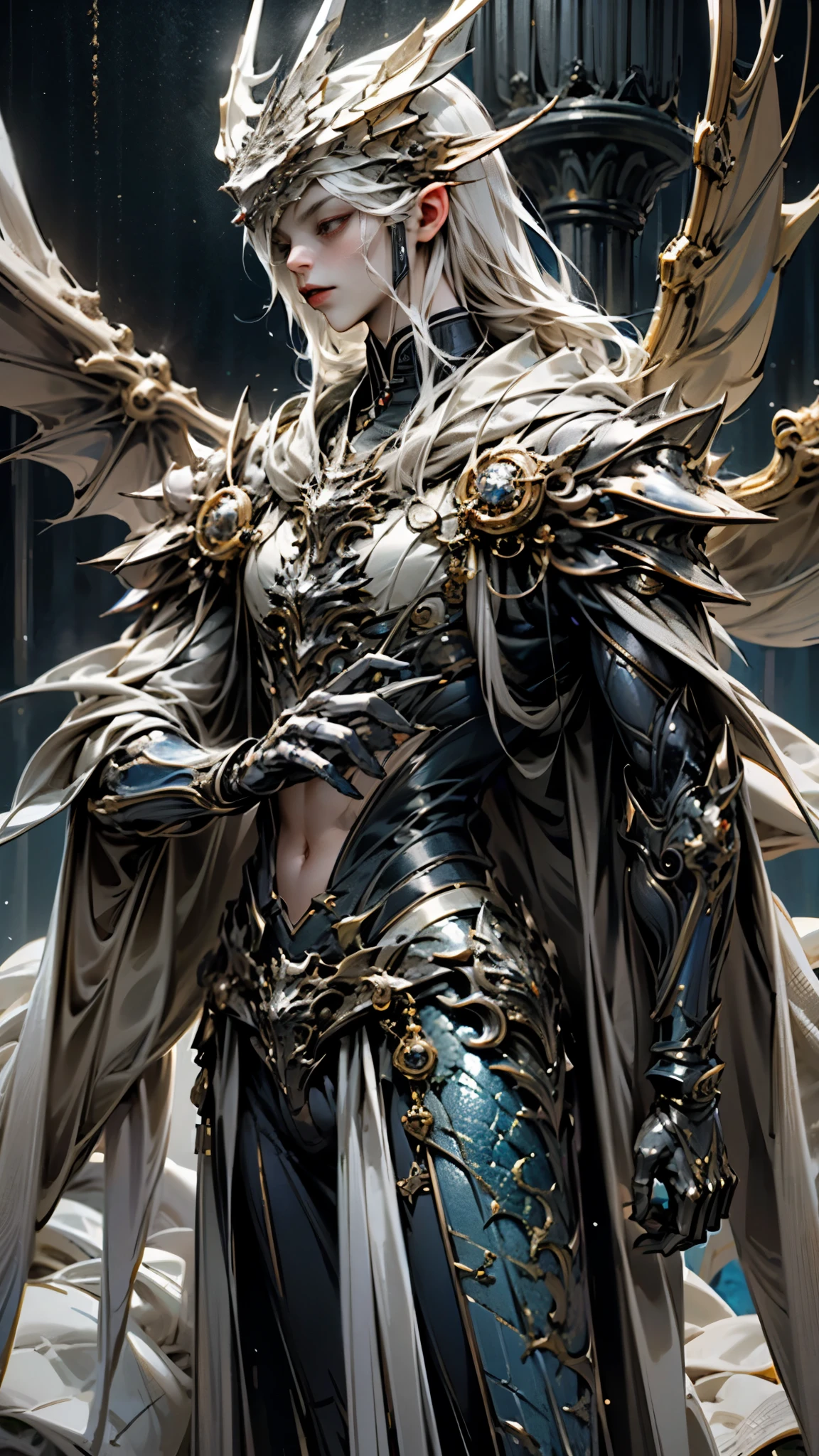 a very detailed picture of an epic Renaissance vampire alien man, long white hair hanging down to the waist and 、 he has complex white eyes that radiate a mysterious glow 。. fantastic appearance 、 super detailed , is a 32K resolution image that captures every detail , from dynamic lighting that illuminates his delicate expression 、 up to his covered belly button adorned with precious jewels . The vampire Alien Man is a marvel of machines , 彼の super detailed , The exquisitely designed body is a hot topic on Artstation . he is wearing a voluminous white luxury suit , embodies the pinnacle of Balenciaga style 、male、 Blue Cloak、 voluminous cloak with a three-pronged spear、 Dragon Wings 、 big wings、I have a three-pronged spear、 dragon tail、The color of the cloak is blue 、 dragon scales on the cheeks、