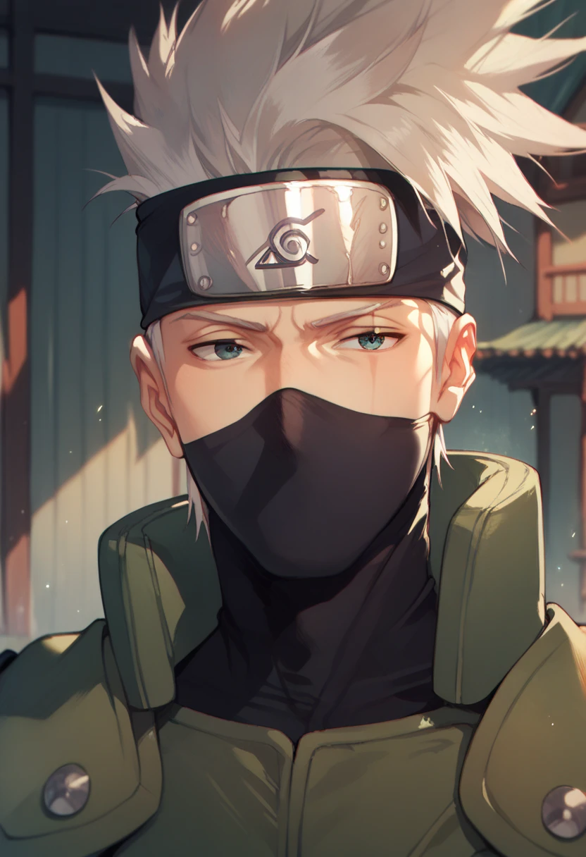 Man age 30 Kakashi Hatake,with ninja armor and complex samurai armor.