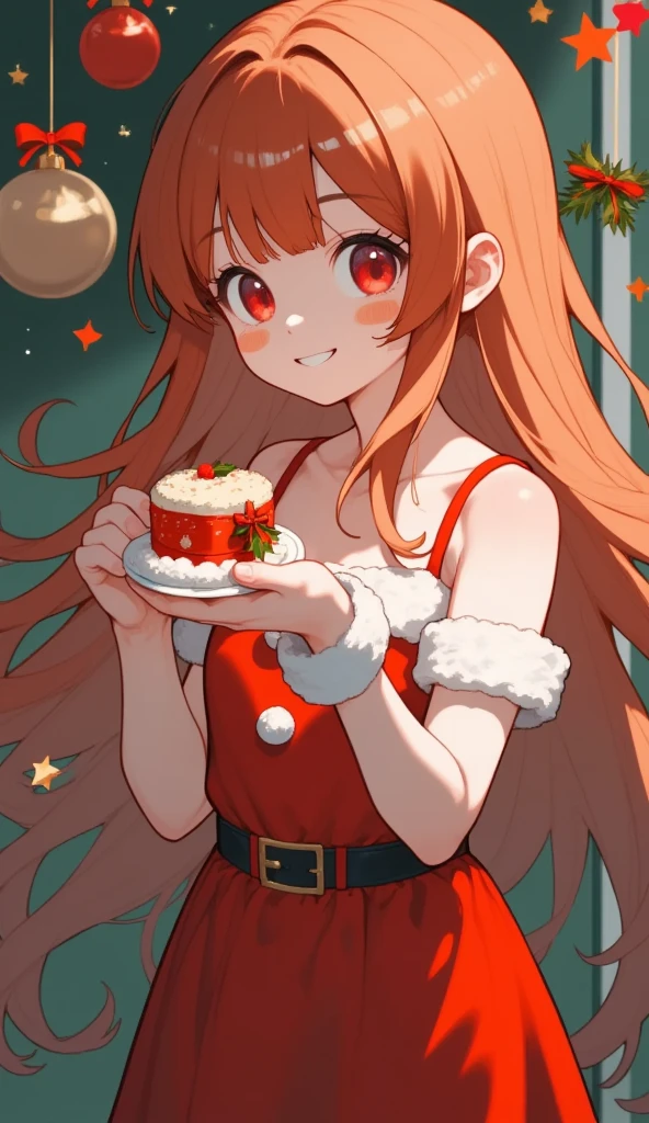 xmas cute, anime, close-up shot, upper body, portrait of a cute girl with long ginger hair, she smile timidly, holding a cake, she standing in a cozy wood house, house decor with Christmas theme, warm lighting, high detail, bight color