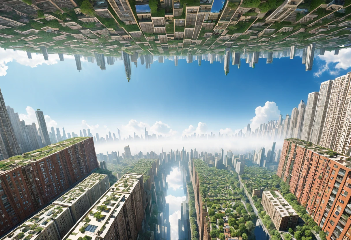 "The Upside-Down City"
The sky holds an ordinary city, while the ground features an upside-down city hanging as though suspended. The residents of both cities curiously stare at each other in wonder.