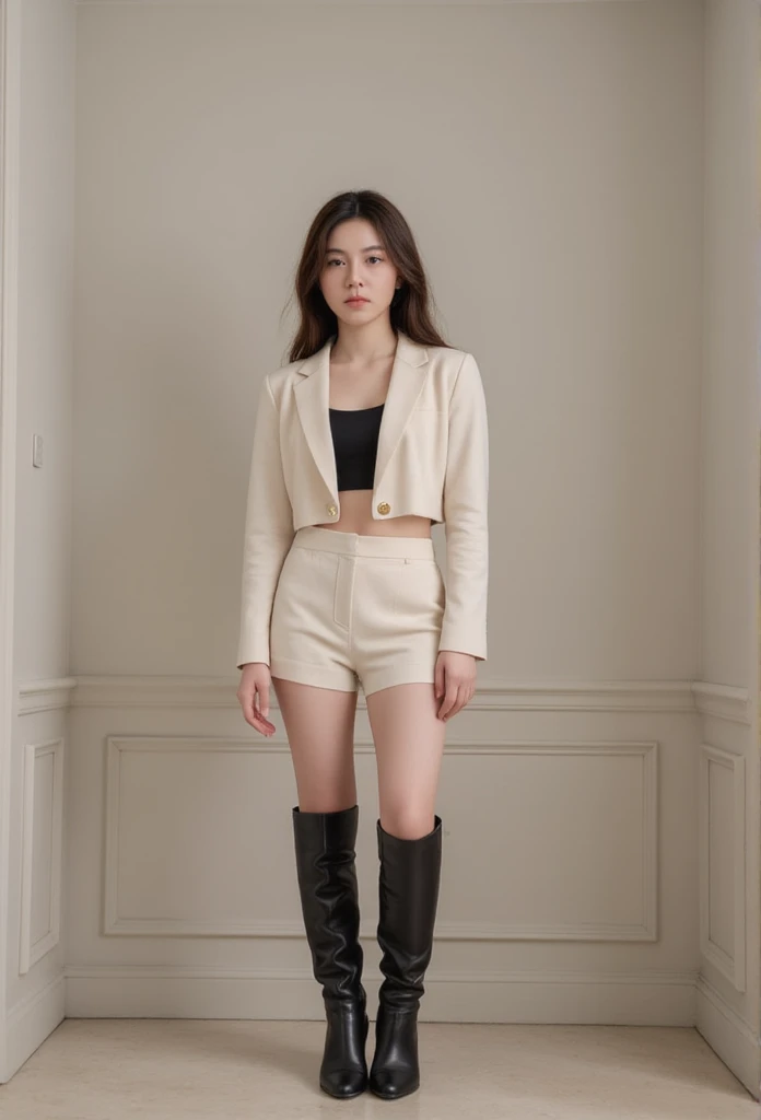  Chinese girl, age 20, white, cm.185 Wearing a beige suit,  inside, consisting of a blazer and shorts , , along with a black crop top , , and black long boots. The dress gives a sense of both formal and modern fashion.,