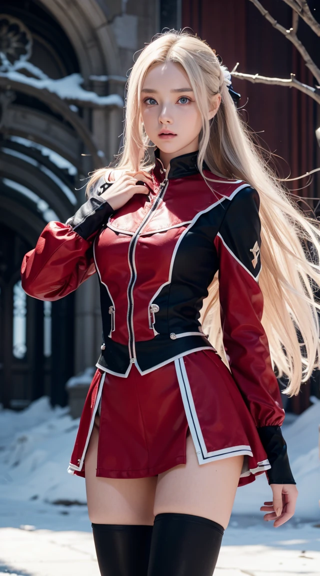 Edelgard&#39;s photo_ Academy,  hair bow,  black jacket ,  black dress,  ascot ,   seen from red pantyhose,  white gloves,  high heels, Walking on a battlefield ,  moonlight,  full moon, young, Teen, ( skinny),  small ,  small,  1 girl, (((3d,  video game ))),masterpiece,  top quality ,  complicated details,  8K Ultra HD ,  perfect face,  perfect eyes、(((  nudes)))、