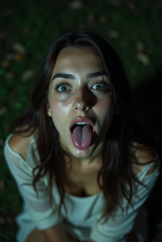 Woman with white eyes and tongue out　underwear
