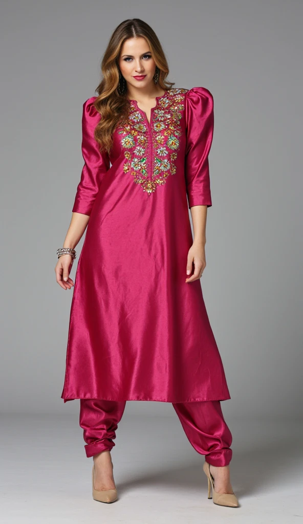 a tall and striking woman with golden-brown wavy hair, exuding confidence and charm. Her flirtatious expression enhances her captivating allure. She is dressed in a stunning Punjabi-style slim-fit outfit made of dark rose shiny pure soft satin fabric, with intricate multicolor handwork adorning the yoke of her high-neck kurti. The kurti features exaggerated puffy shoulders, adding dramatic flair, while the slim-fit 3/4 sleeves contribute an elegant touch. She pairs the kurti with a flowing dhoti-style shalwar, enhancing the overall sophistication of the look. Her high heels elevate her poised and graceful stance. The combination of these elements creates a look that is both sophisticated and bold, radiating an alluring energy.