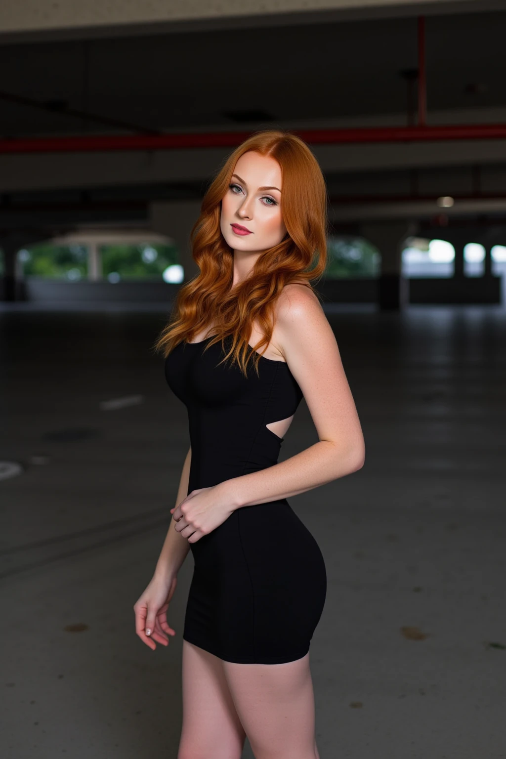 emmaleiah. The image is a photograph of a young woman standing in a dimly lit, expansive parking garage. She has long, wavy red hair and fair skin, giving her a striking appearance. She is wearing a black, form-fitting mini dress that accentuates her slim figure and medium-sized breasts. The dress features a cutout design on her back, adding to its revealing nature.