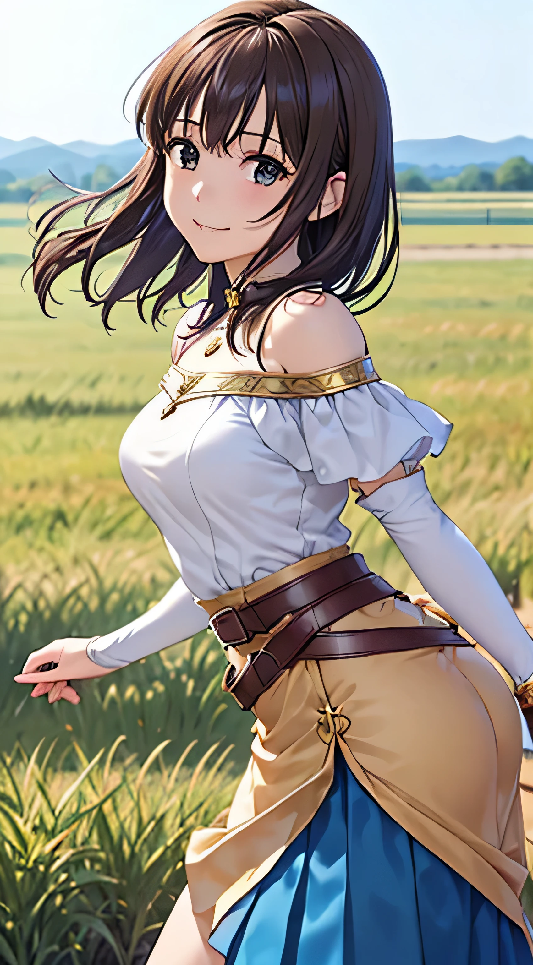 (( , top quality, , Pixel Perfect , 4K,))), 1 Woman , 、 (( medium wave hair 、, light brown hair 、 )), (( brown eyes , beautiful eyelashes , realistic eyes)), (( detailed face , )), (( smooth texture:0.75, realistic texture:0.65, realistic :1.1, anime CG style)), pose using medium bust , dynamic angle , perfect body , (( , ,, , , , white and blue dress , white and blue long flared skirt ,Gold Shoulder Armor 、 knee-high boots , gold and black arm guards , belt、 、)), ((( with no sense of incongruity , hold the skirt with your hand)))、 cross necklace 、 the wind is blowing 、 ( Vast Prairie )、I can see the sea in the distance 、、、 、 cute smile、A shy, bright red smile 、 Stick Out Your Butt、、、、)