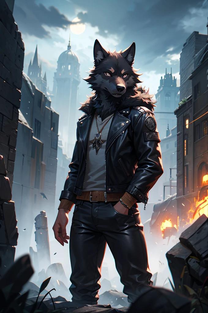 a huge black furry wolf, grey eyes, leather jacket, black pants, detailed facial features, extremely detailed, 8k, ultra-detailed, photorealistic, award-winning, highly detailed, cinematic lighting, dramatic colors, epic fantasy