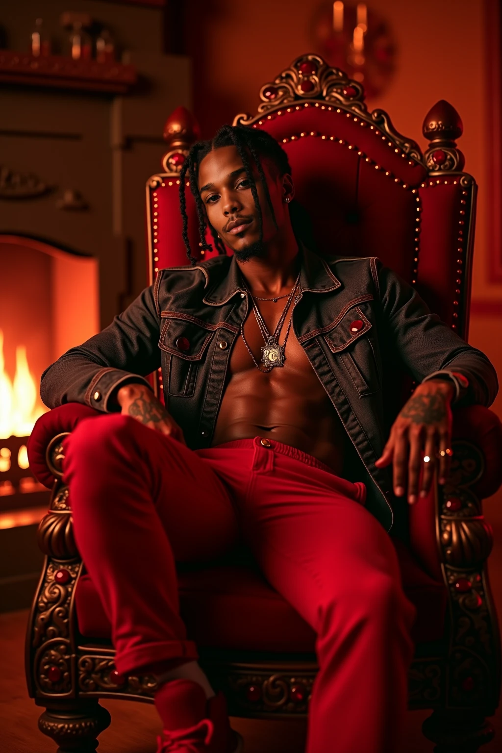 strong,Very, very, very short hair,High detail original color professional full body photo of a young african american billionaire wearing a fur coat sitting on a lounge chair next to a luxury swimming pool, Holding a wine glass in his hand
,eyes on camera,signet ring, gold chain necklace, leather pants, tanned skin, very short hair,tattoo, fine fur, Highly detailed skin texture, detailed facial features, Detailed hair texture, studio lightning, Shot with Canon EOS R5 camera,