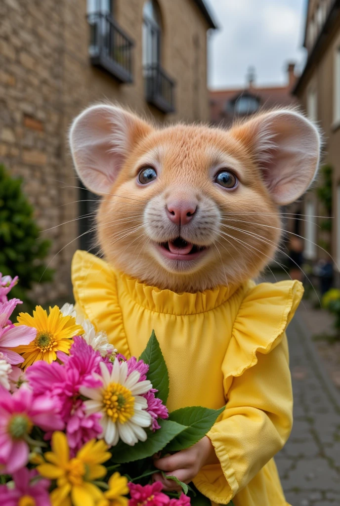 realism, goldie mouse, (yellow frilly shirt), (holding bouquet), (cute, wild:1.8),
outdoors, building, village, (wall:1.3), (solid background), (upper body portrait, focus on head), (nervous expression, confused expression), (open mouth:0.8), looking at viewer,