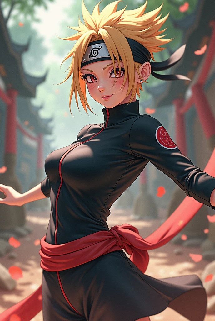 1 girl, alone , 19 years ,short blonde hair tied , on forehead ,orange eyes , beautiful, light skin color , wide shoulders, thin waist, medium breasts, defined thighs, thin, defined lean ,wide hips, medium ass, uzumaki clan, naruto shippuden style, Leaf village, black outfit, tribe uzumaki