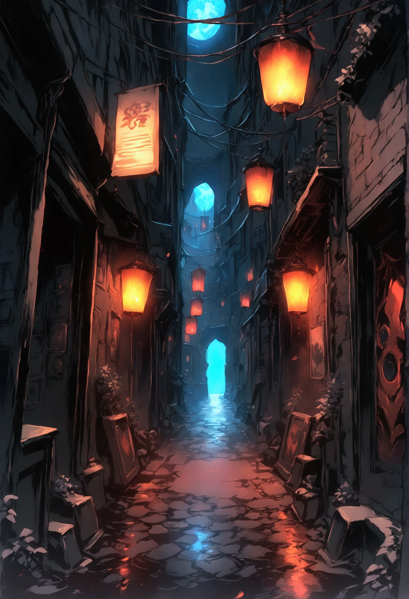 Dark alleyway, best quality, anime artwork, anime style vibrant, studio anime, highly detailed, black background 