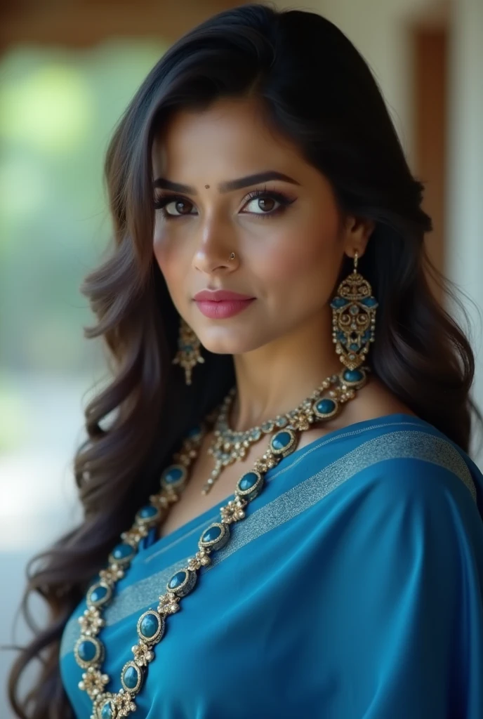 Create an ultra-realistic image of a modern, attractive female influencer of Indian descent, aged between 27 to 30. She should have a warm and inviting smile with a big laugh, expressive almond-shaped eyes with a slight shimmer, and clear, glowing skin with a medium brown complexion. Her features should be well-defined, with high cheekbones and a sharp jawline. Her hair should be a vibrant, warm red, styled in a bob with loose waves for a relaxed yet stylish look.
She should have a slender yet athletic build, reflecting a healthy and active lifestyle. Her bust size should be medium (40-42 inches), offering a balanced and proportionate look. She is wearing a royal blue silk saree paired with a silver sequin blouse, which highlights her elegant and sophisticated appearance. The saree should drape gracefully, adding to her regal aura.
Her outfit is completed with stylish accessories, including subtle yet chic jewelry, such as small hoop earrings and a few thin bangles. The background should feature a majestic palace or heritage building with intricate architecture, adding a touch of grandeur and history to the scene. The overall color scheme should include dark blue accents, enhancing the depth and elegance of the setting.
Her overall appearance should exude confidence, approachability, and sophistication, capturing the essence of a contemporary Indian fashion influencer.