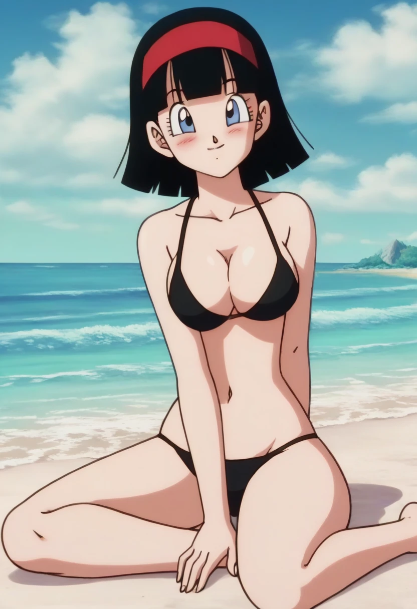 source_anime, score_9, score_8_up, score_7_up, anime screencap,8k, absurd res,
videl, dragon ball super, bob cut, 1girl, solo, breasts, short hair, blue eyes, large breasts, black hair, full body, 
 (extremely detailed CG unity 4k wallpaper),(masterpiece),(best quality),(ultra-detailed),(best illustration),(best shadow),(absurdres),(detailed background), looking_at_viewer, blushed smile, large_breasts, cleavage, bare_shoulders, sitting, collarbone, crossed_legs, black underwear, from_below, breasts, large breasts, big breasts, huge breasts, big tits, giant breasts, small bikini, bikini, bare shoulders, bare arms, beach, ocean, underboob
