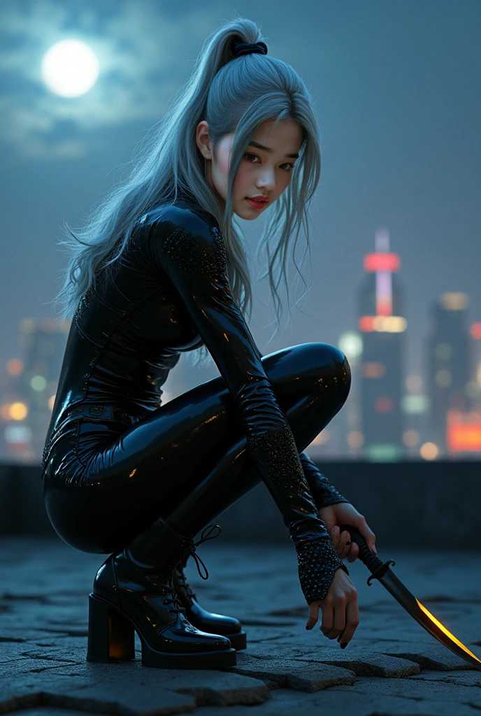 Masterpiece, best possible quality (UHD, 8k, photographic low angle full-body-shot image):2((of a gorgeous seductive, nimble, elusive, proficient, silent, stunning, sexy, thief and assassin standing on a imbrex shingled rooftop at midnight in a bustling dystopian city sneaking up to her targets open window under the moonlight):2. (The girl was no older than her early teens):2, but could fight like she was born for it, natural beauty, stunningly beautiful, (((Ultra-fine-detailed supermodel looks):2 and figure))), long, detailed, flowing ponytail)), ((holding a long sharp shiny dagger):2, and a (razor-sharp curved blade):2, (crouched like a panther preparing to attack with her knees apart facing the viewer):2((dressed in a skin tight black patent leather bikin style bodysuit):2 that shined catching the reflection from the moonlight):2, (protected by obsidion encrusted metal plates on the shoulders and knees and (sleek black ankle boots)):2, (It was her very petite yet firm and sexy body that was her real weapon):2, ((a magic glowing red luminescence surrounded her blades)):2, (She had detailed long silver hair like silk, striking blue eyes, a firm midsection, slender thighs and slim calves, all tensed for action):2 absurdres, 8k, maximum detail cinematic movie still, masterpiece, best quality, absurd resolution, 8k, ray tracing, HDR, UHD, volumetric lighting, Unreal Engine 5, Unity Engine, Blender, octane render, exquisite subject composition and use of lighting:1.4, exceptional, award-winning shading:1.38, sharp focus:1.35, low angle, facing the viewer), HDR, 8k, UHD 8K resolution, wide-angle lens, full shot photograph, Absurd resolution, maximum detail, photorealistic, realistic, ultra-realistic, repeat positive prompts, repeat negative prompts, (medium-long shot):2, ((whole-body-shot, full-shot, full-body-shot)):2, DeepNegative_xl_v1, eznegativexl, ImgFixerPre0.3
