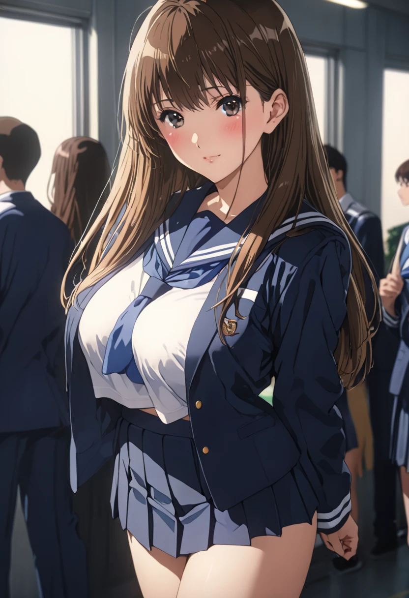 masterpiece, BestQuality, High resolution,16k,official art,super detailed skin,detailed,animated painting,(kuroe mayu:1.3),1990s \(style\),(F-cup beautiful breasts:1.3), (tall:1.2),height: 170cm,Fashion model body type,black eyes,brown hair,long hair,(highschool uniform,navy sailor uniform,navy mini skirt:1.3)、1girl,solo,nsfw,sexy,cool face,light smile,shy,blush,Anime-style painting style,Close up on full body,Cinematic lighting,Superfine,in the city