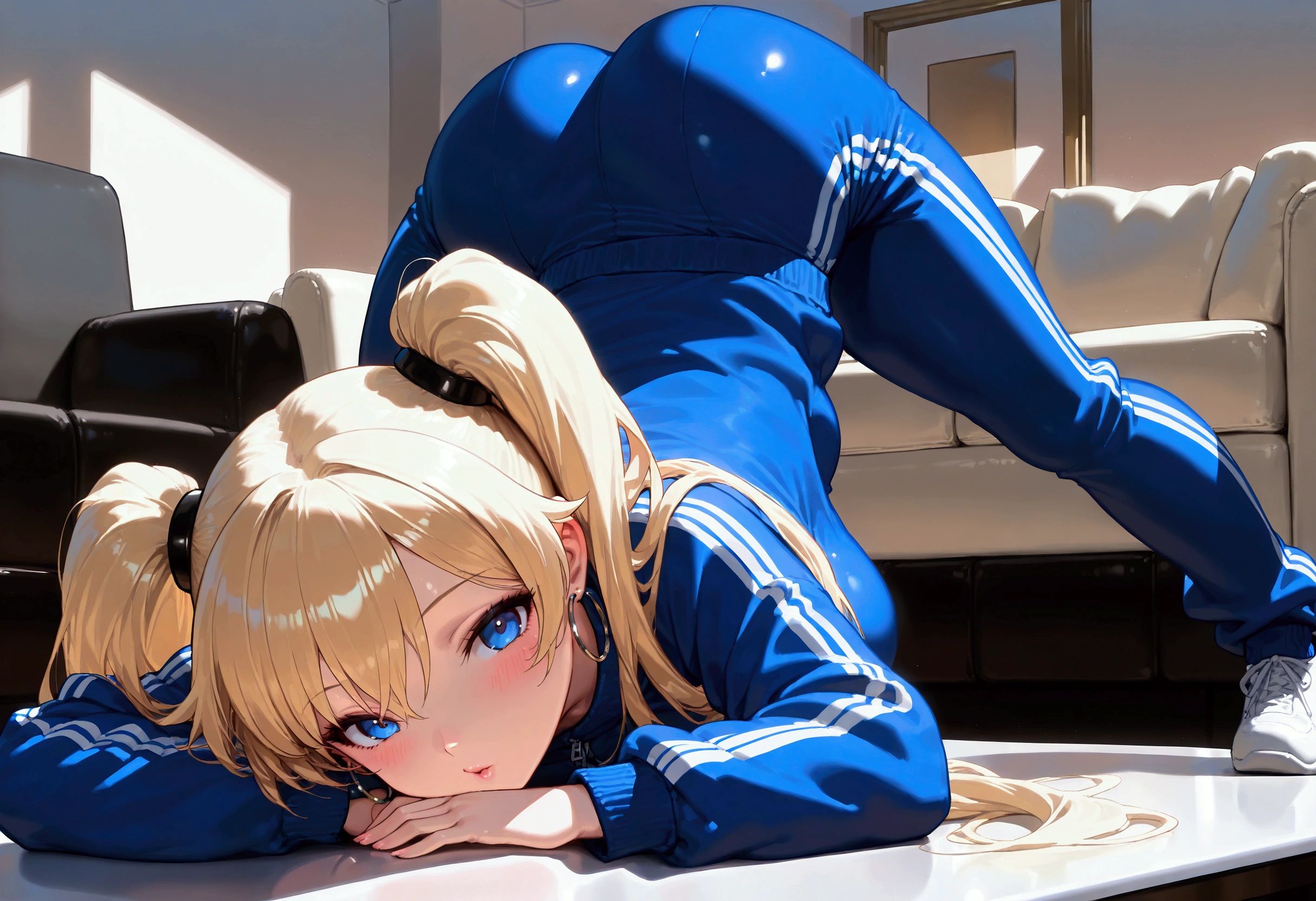 Tracksuit, cute girl, solo, long hair, twintail hair, blonde hair with white ends, large chest, hoop Pierced earrings, glossy lips, blush, flawless smooth skin, looking at viewer, flawless smooth skin, indoors, raw, jack o challenge pose, table, couch, indoors, (best quality,4k,8k,highres,masterpiece:1.2),ultra-detailed,intricate details, high fashion, dramatic lighting, cool colors, chiaroscuro