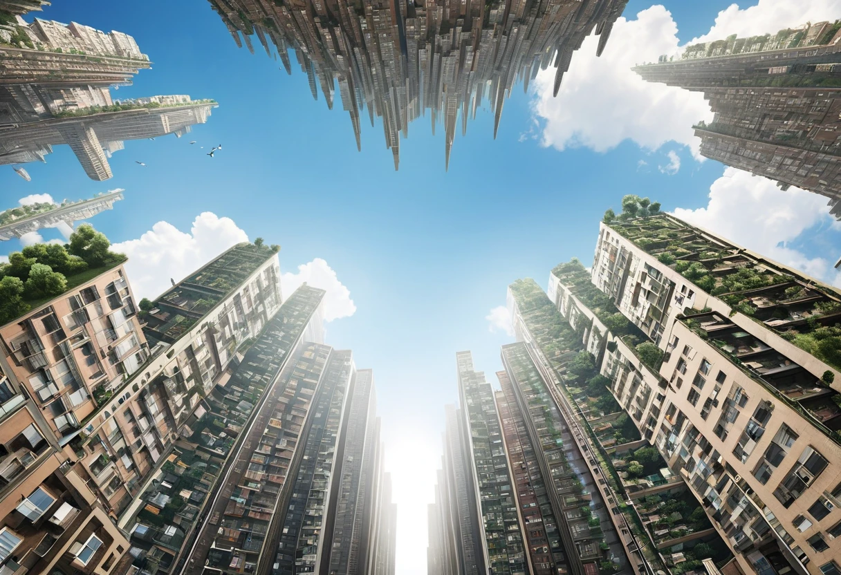 "The Upside-Down City"
The sky holds an ordinary city, while the ground features an upside-down city hanging as though suspended. The residents of both cities curiously stare at each other in wonder.