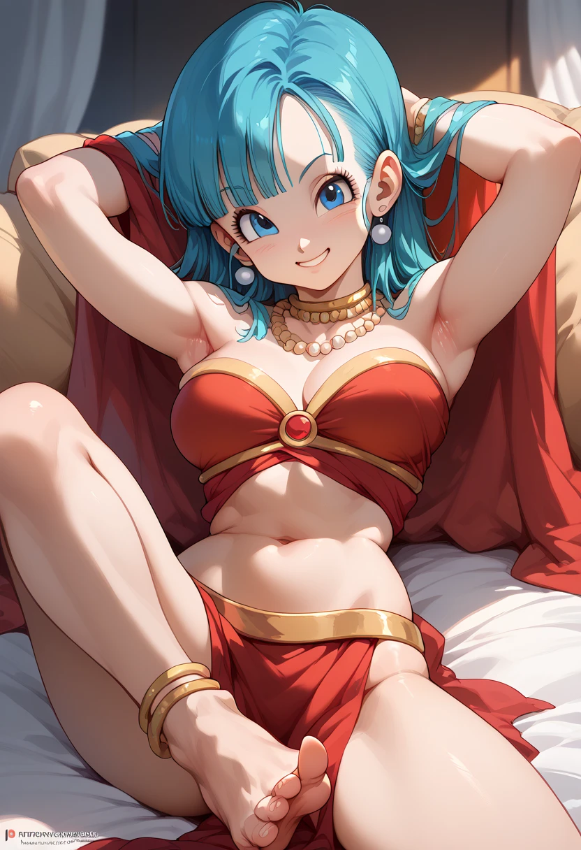 masterpiece, high definition , top quality,8k
(Bulma, blue Hair, blue Eyes, long haif)
(Harem Costume)
smile, showing armpit, putting feet on viewer face