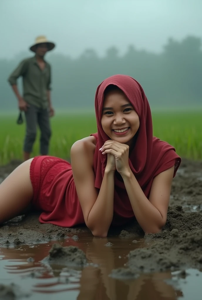a hijab woman standing in the rain, photo realistic, indonesian woman