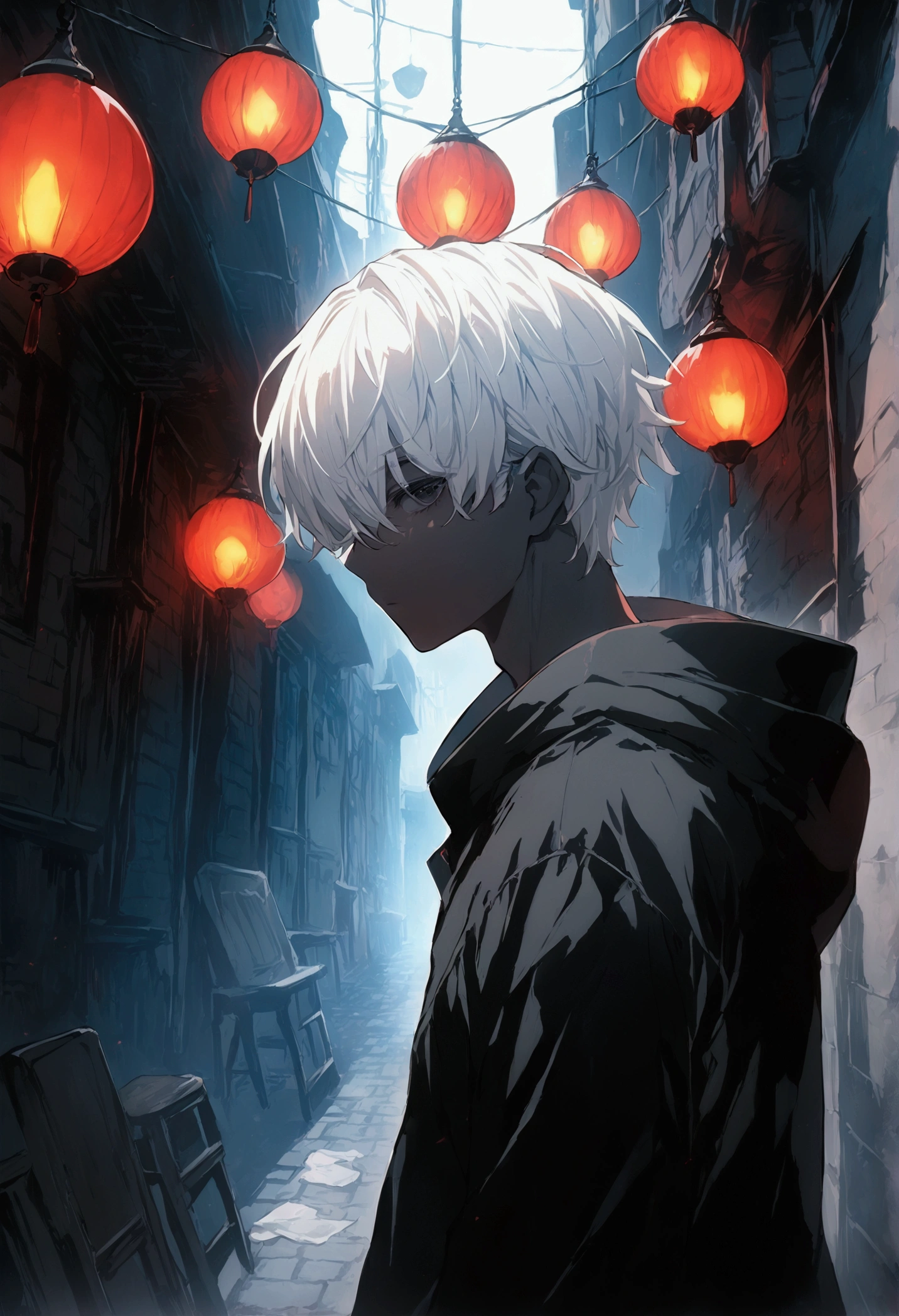 Dark alleyway, a man with white hair and bandages covering his eyes facing away from the camera,  with black hair and black eyes next to the man, best quality, anime artwork, anime style vibrant, studio anime, highly detailed, black background 