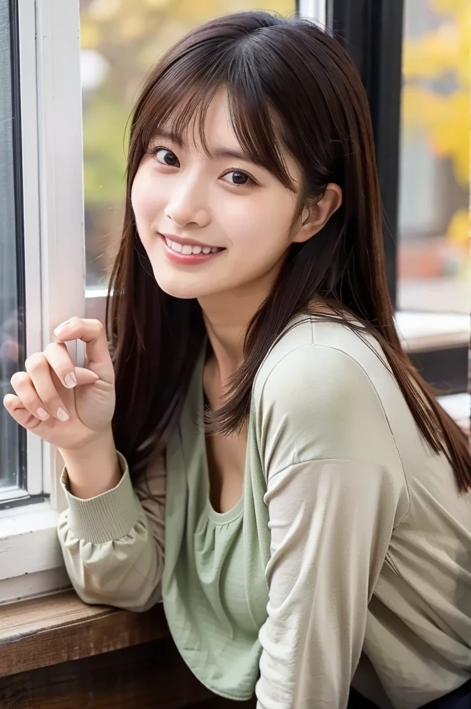 (masterpiece, best quality, perfect anatomy, highres, 8k, realistic, photorealistic, natural skin texture, no makeup:1.2), (morning:1.5), 1girl, solo, Japanese, age20, female university student, very cute, (large breasts:1.5), sitting by a café window on an autumn afternoon, holding a latte in one hand, resting her other hand lightly on the windowsill, Her soft, playful smile reflects her cheerful and charming personality, The sunlight streams through the window, highlighting her delicate features, She wears a stylish mini skirt and a beret, with her long hair gently cascading over her shoulders, Cozy and inviting café interior, soft autumn colors in the background, vertical composition, jp idol, inugao