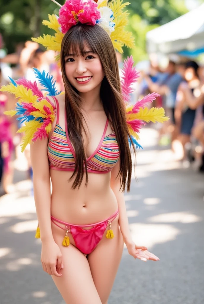 (8k, RAW photos, best quality, masterpiece, : 1.2), (realistic, photorealistic: 1.3), (3girls: 1.3)), (samba dance dress: 1.3), beautiful Japan girl of ************, woman in carnival, good hands, head: 1.3, (Hasselblad photo)), colorful, bright colors, fine skin, Cute, Smile, Sweat, Sharp Focus, (Movie Lighting), Soft Lighting, [:( Detail Face: 1.2): 0.2], Medium Breasts, Ultra High Resolution, Physically Based Rendering, Cinematic Lighting, Dynamic Angle