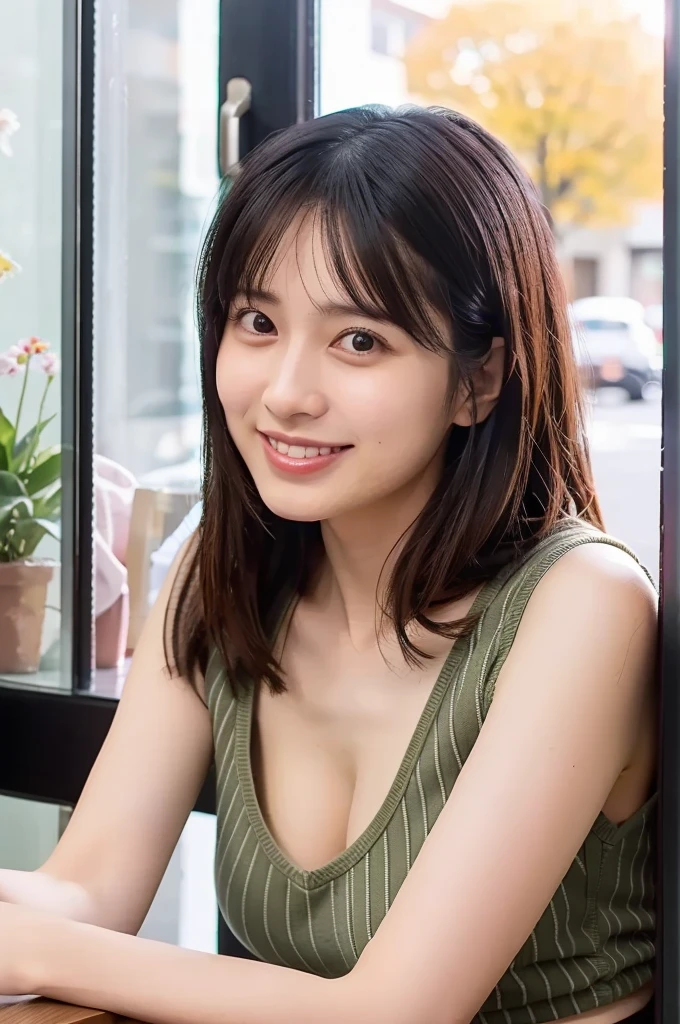 (masterpiece, best quality, perfect anatomy, highres, 8k, realistic, photorealistic, natural skin texture, no makeup:1.2), (morning:1.5), 1girl, solo, Japanese, age20, female university student, very cute, (large breasts:1.5), sitting by a café window on an autumn afternoon, holding a latte in one hand, resting her other hand lightly on the windowsill, Her soft, playful smile reflects her cheerful and charming personality, The sunlight streams through the window, highlighting her delicate features, She wears a stylish mini skirt and a beret, with her long hair gently cascading over her shoulders, Cozy and inviting café interior, soft autumn colors in the background, vertical composition, jp idol, inugao