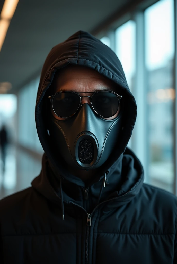 Man in a futuristic hoodie and gas mask
