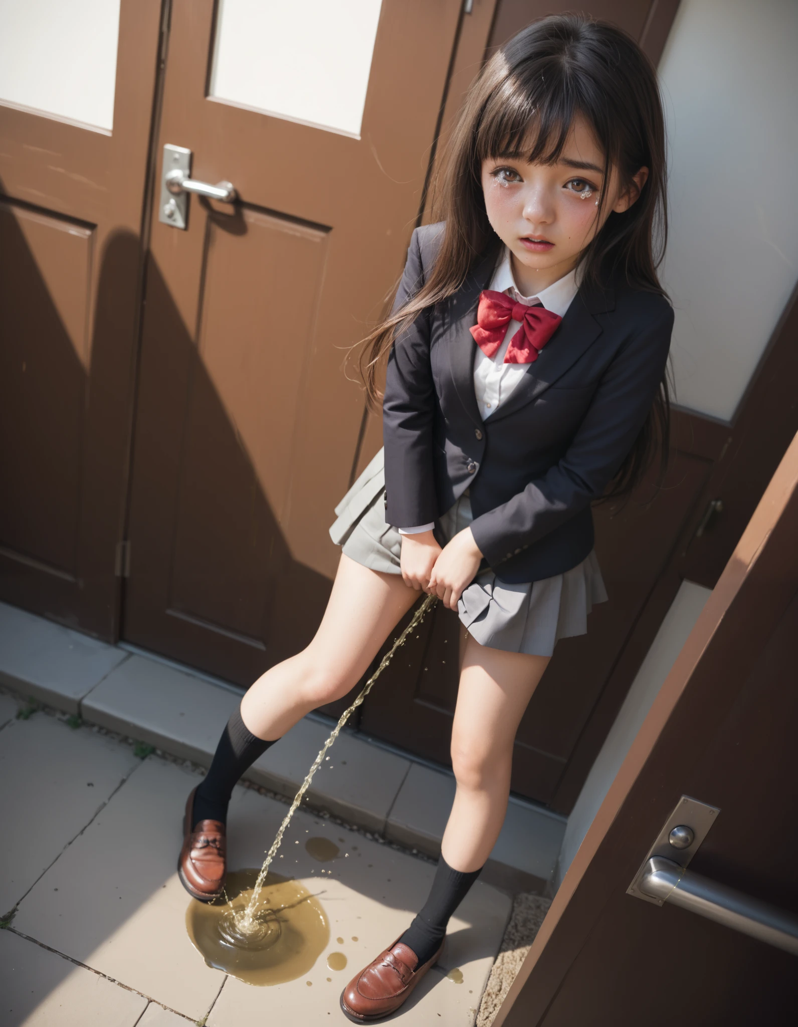 Masterpiece, hd, 1girl, realistic, small breasts, thing leg, black hair, brown eyes, long hair, wearing white collared shirt, black color blazer opened jacket, red bowtie, wearing gray skirt, miniskirt, wearing black socks, brown shoes, cute girl, cute character,  Standing, standing in front door, sad, crying, opened mouth, holding crotch, sweating, peeing, pee, (peeing:1.2), pee stream, pee stain on skirt, puddle of pee on feet, Outdoor