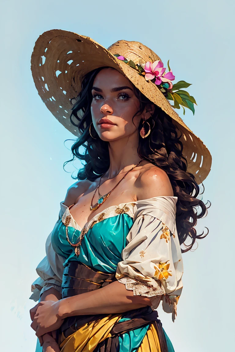 The surrealist painting shows a woman viewed from the side, her gaze directed towards the camera and her head tilted down, while adjusting a dark brown straw hat with her left hand. The character’s skin is painted in shades of blue, teal, green and slightly amber, with abstract patterns and highlights suggesting moisture or reflections. His short, dark curly hair bulges out from under the hat, and his ears are prominently visible. The hat is adorned with delicate orchids in shades of purple, pink, yellow and green, along with small reflective gems and crystals that appear to be water droplets or drops, creating a mysterious and somber atmosphere. These water droplets hang from thin lines, flowing down the character’s body, hat and even the background, creating a surreal effect. The background has a large circular light source in pale yellow and cream tones, creating a soft halo effect around the character’s head and upper torso. This circular shape stands out against a complex backdrop of abstract shapes, swirling lines and vertical lines in shades of blue, teal and purple, alternating with warm shades of amber and burnt orange. Small circular elements that appear to be beads or reflections are scattered throughout, adding to the surreal quality of the scene. The light is soft and diffused, highlighting the curves of the person’s body and hat, while casting soft shadows. Create a composition with high contrast and vibrant saturation. The overall mood is contemplative, mysterious and dreamlike, with a balanced composition and a rich color palette that emphasizes the play between light, shadow and form.