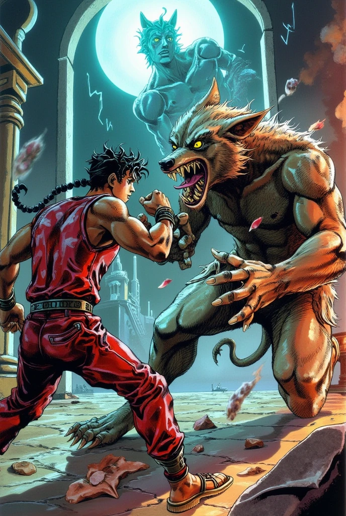 (masterpiece:1.2,Premium Quality , Mirror Finish , cinematic experience , Best illustrations:2.0, super detailed ),8k,16k,( wallpaper:2.0),(Muay Thai fighter Joseph Joestar and a man-eating Werewolf are fighting:2.0),(JoJo&#39;s Bizarre Adventure style:2.0),(Joseph Joestar:2.0) hyperdetailed, 56K, Cinematic ,sfw
