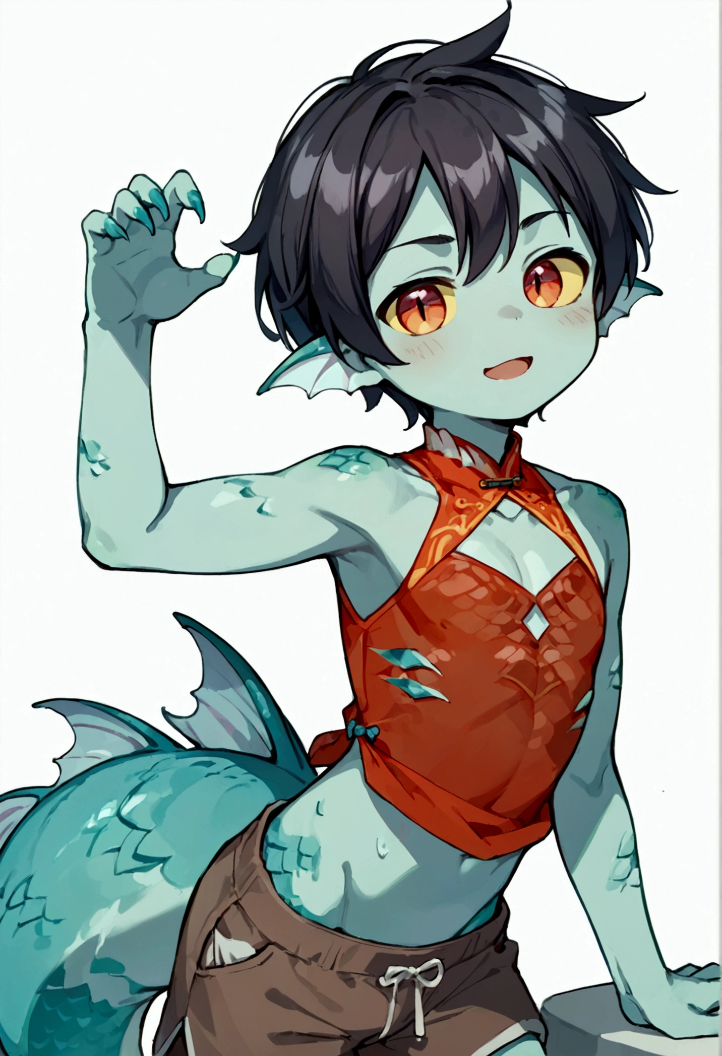 score_9, score_8_up, score_7_up, source_anime, masterpiece, 1boy, ((boy)), (male), (solo), (shota), nereid, monster boy, (siren, male siren), (covered in scales, scaled body), gills, fins, (mermaid ears), webbed hands, claws, reflective scales, Fish scale skin, blue scales, (black hair), short hair, (( yellow scelera )), red eyes, slit pupils, cat eyes, flat chest, Chinese shirt, harem pants, shorts, simple background, white background, cowboy shot, simple pose, close up