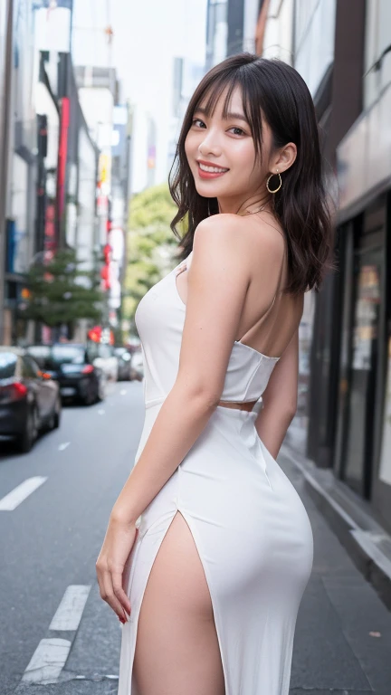 ((Highest quality, 8K, masterpiece: 1.3)), sharp: 1.2, Perfect Body Beauty: 1.4, ((Layered Hairstyles, Small breasts: 1.1)), street: 1.2, Beautiful attention to detail, Super detailed, Highly detailed face and skin texture, fine grain, double eyelid, Long black hair, Not tying hair, Turning his back, Big Belly, Big Ass, Lower Body, Thighs, Skinny, Thin silk dress, Ribs are floating, Wet and shiny lips, Cross your arms, Lace pattern, Look Up, smile, Looking back here, The gaze is directed this way, Waistline