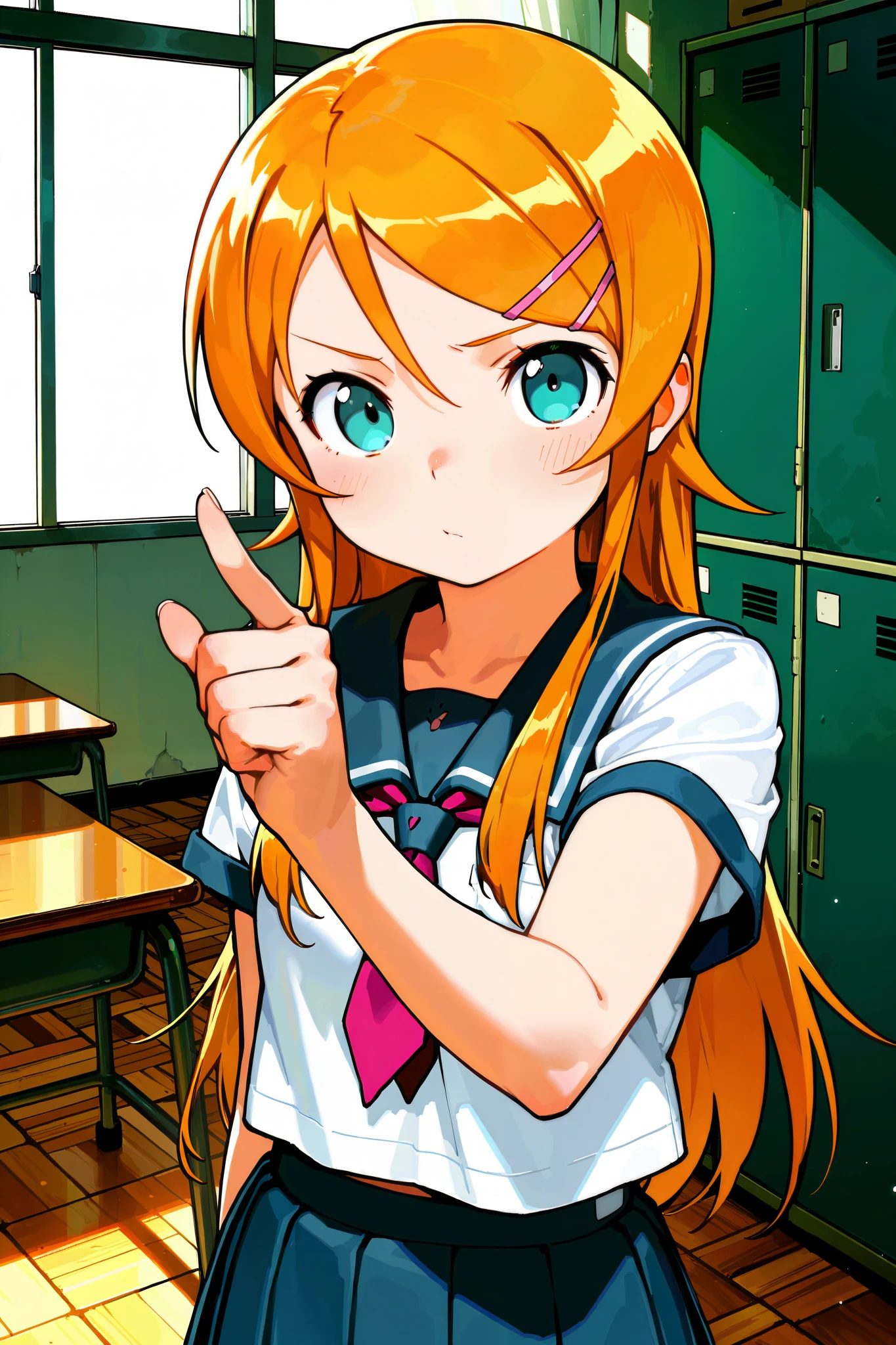 masterpiece , superior quality, score_9, score_8_above, score_7_above, to break ( 1 ,, kousaka kirino, height 1.65 meters , thin 45kg , hair accessory with a star in her right eye, Alone, long hair,aboveper body,MEDIUM BRACES :1.4, hair clip , orange hair,school, sailor, aqua eyes , Blue Eyes,to break 視聴者を見ている、 zitoida,pointing at viewer