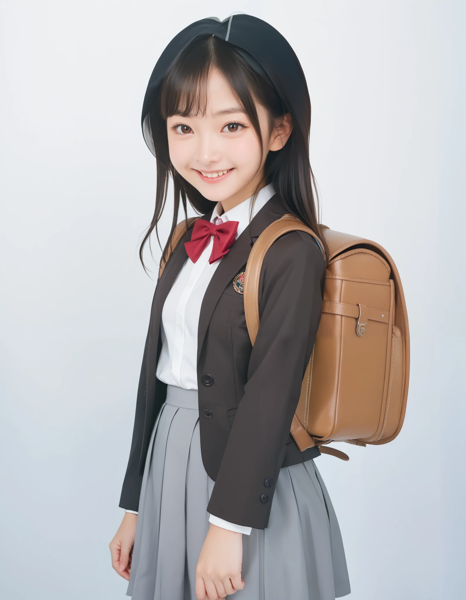 Masterpiece, hd, 1girl, realistic, small breasts, thing leg, black hair, brown eyes, long hair, wearing white collared shirt, black color blazer opened jacket, red bowtie, wearing gray skirt, miniskirt, cute girl, cute character, smile, Standing, potrait, looking at viewer, wearing brown backpack, smile, outdoor, school background