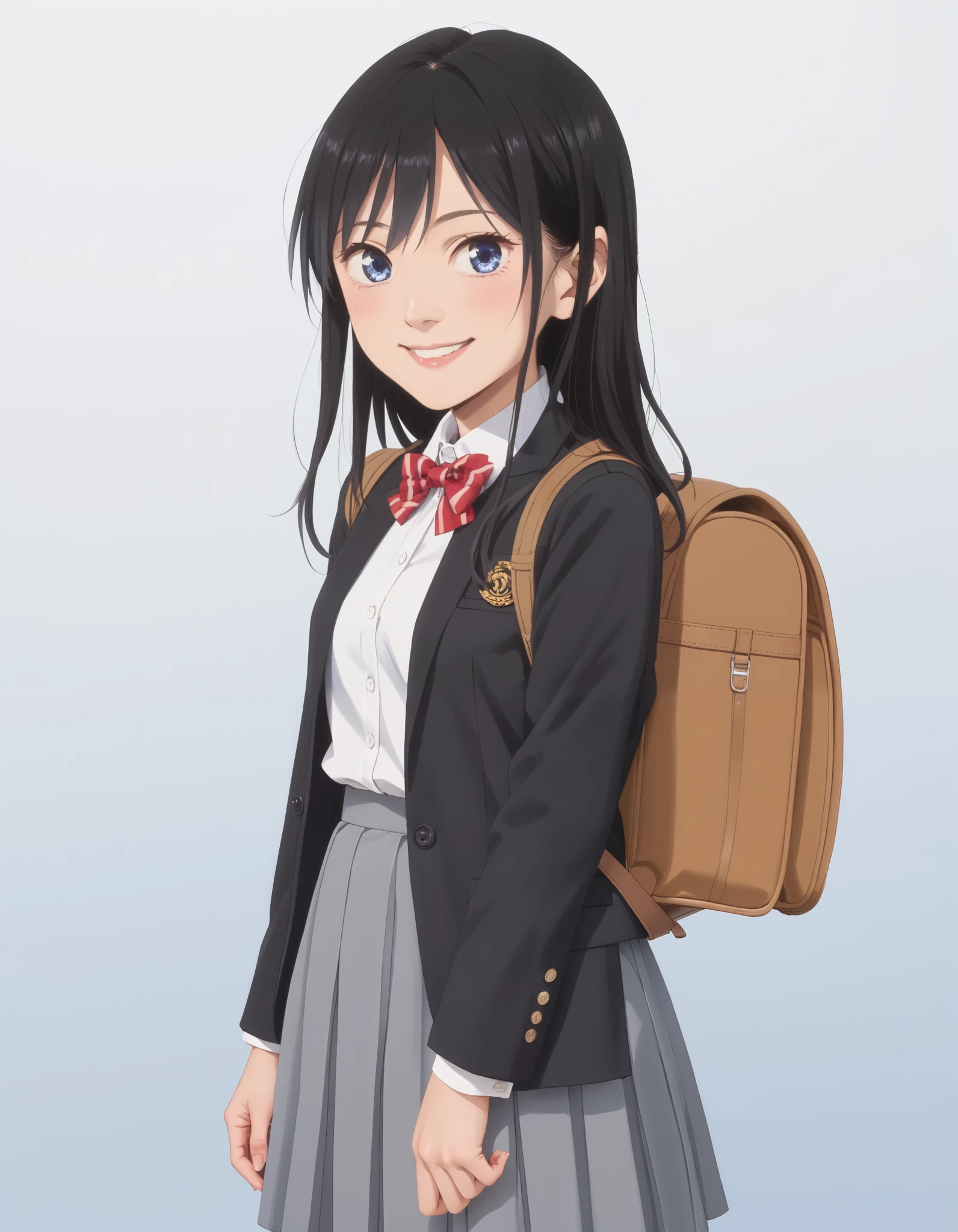 Masterpiece, hd, realistic, 1girl, kura Rin, small breasts, thing leg, black hair, blue eyes, long hair, wearing white collared shirt, black color blazer opened jacket, red bowtie, wearing gray skirt, miniskirt, cute girl, cute character, smile, Standing, potrait, looking at viewer, wearing brown backpack, smile, outdoor, school background