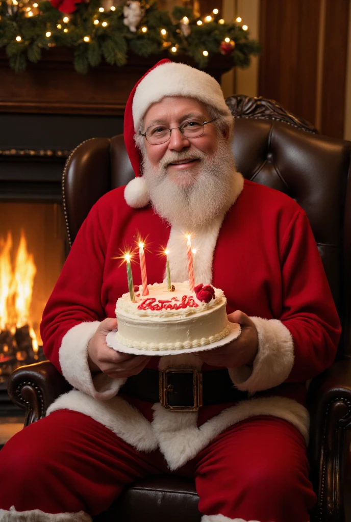 A stunning 8K portrait of a jolly Santa Claus LOOKING TO DE CAMERA,sitting regally on a large brown leather armchair next to a roaring fireplace.The room is bathed in warm tones, with intricate details and textures that leap off the page. Santa's happy face radiates warmth , surrounded by festive cheer. HE HAS A CAKE WITH THE WORD "GABRIELA".AND WITH SPARKLING CANDLES IN HIS HANDS .