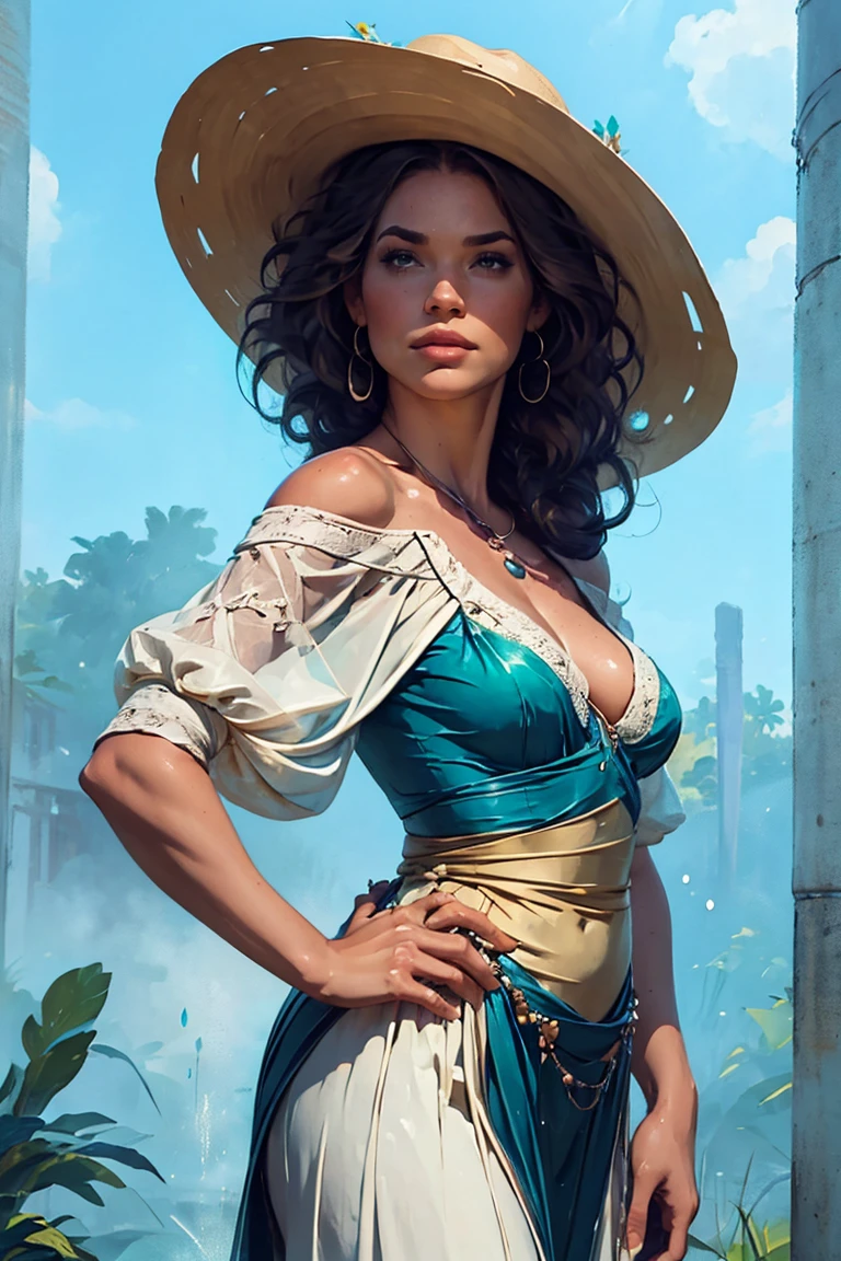 The surrealist painting depicts a sexy, busty woman, viewed from the side, her face turned, gaze directed towards the camera, her head tilted down, while adjusting a dark brown straw hat with her left hand. The character’s skin is painted in shades of blue, teal, green, and slightly amber, with abstract patterns and highlights suggesting moisture or reflections. His short, dark curly hair peeks out from under the hat, and his ears are prominently displayed. The hat is adorned with delicate orchids in shades of purple, pink, yellow, and green, along with small reflective gems and crystals that appear to be water droplets or drops, creating a mysterious and somber atmosphere. The water droplets hang from thin lines, flowing down the character’s body, hat, and even the background, creating a surreal effect. The background has a large circular light source in pale yellow and cream tones, creating a soft halo effect around the character’s head and upper torso. This circular shape stands out against a complex backdrop of abstract shapes, swirling lines, and vertical lines in shades of blue, teal, and purple, alternating with warm shades of amber and burnt orange. Small circular elements that appear to be beads or reflections are scattered throughout, adding to the surreal quality of the scene. The light is soft and diffused, highlighting the curves of the person’s body and hat. With soft shadows, the composition is highly contrasted and brightly saturated. The overall mood is contemplative, mysterious and dreamlike, with a balanced composition and a rich colour palette that emphasises the play between light, shadow and form.