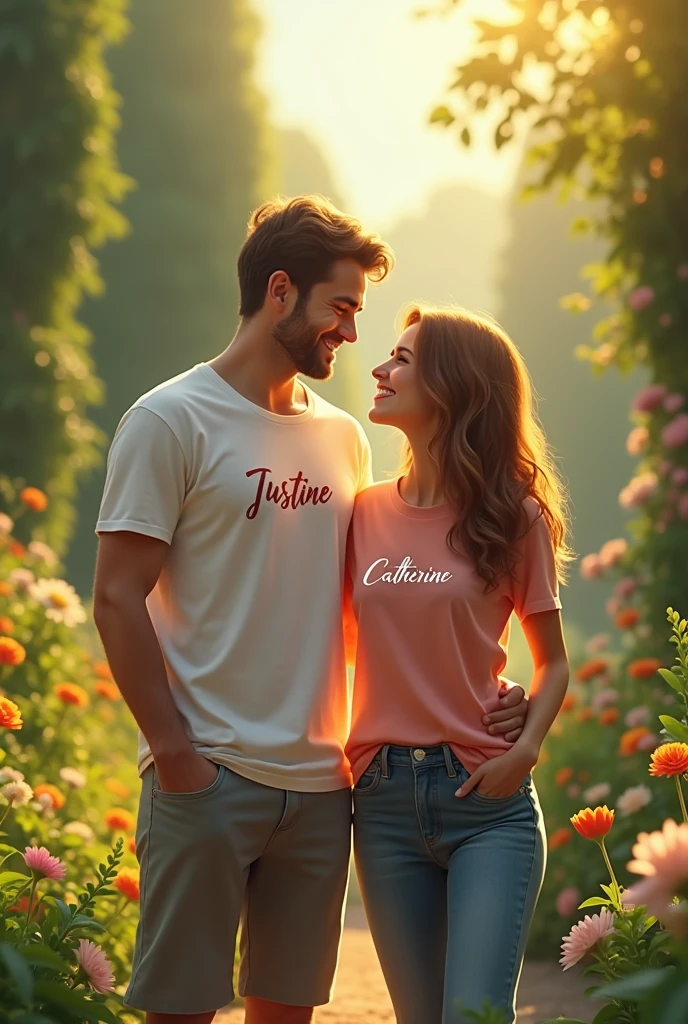 create a couple , with shirt,the woman with the name of pretty on the shirt, man with the name beautiful on the shirt, Logo, Spanish