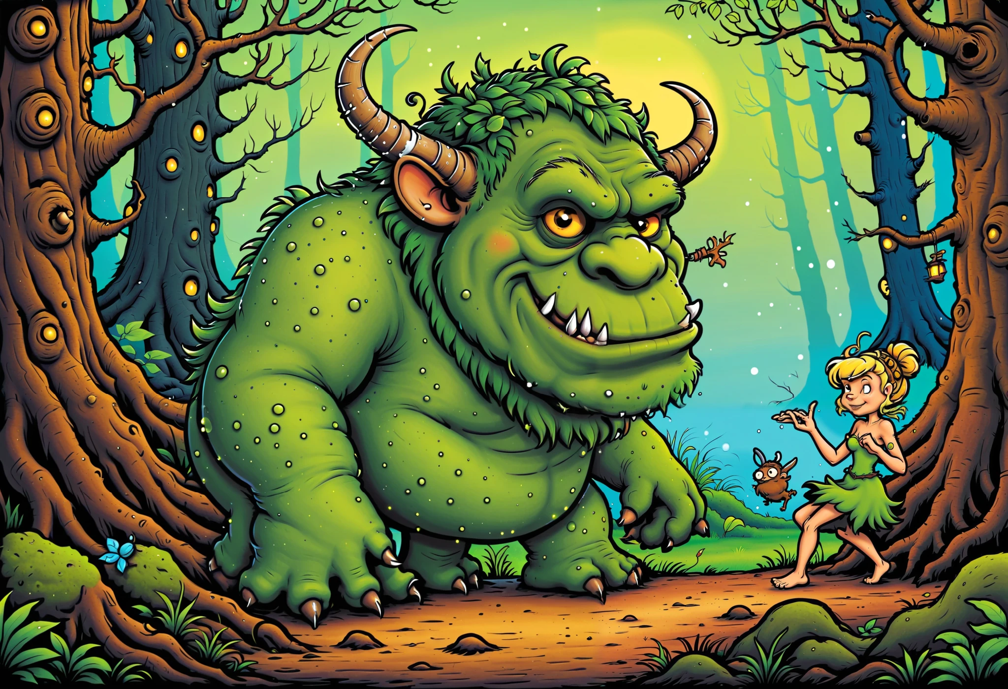 Aesthetics of Vector graphics, surreal image of a large humpbacked forest troll with gnarled trees and bushes, growing on his hump, The troll&#39;s hump is covered with moss and grass, сюрреалистическое изображение The fairy Tinker Bell flies away from the Goblin, the goblin wants to catch the fairy Tinker Bell with his paw, Vector graphics, a high resolution, clear contours, colorful gradients