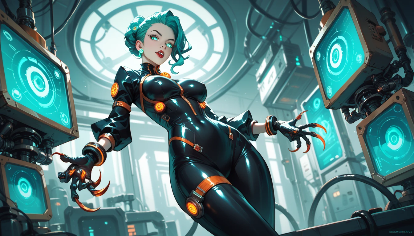 (masterpiece), best quality, expressive eyes, perfect face, ((Kylie Griffin from Extreme Ghostbusters cartoon)), ((Kylie Griffin)), (pale skin, eyeshadow, goth makeup), with monster ghost, ghost small short , ((ghost, (ghostbusters), ((ghostbusters patch on shoulder)), slender figure, (slim fit legs), small breasts, protruding, orange shoulder pads, proton pack on back, full body, (ahegao), very messy dark blue hair medium length, (dark blue lipstick), ankh earrings, proton gun, (brown kneepads, black steeltoe boots, black latex bike shorts), random suggestive pose, cameltoe, delight expression