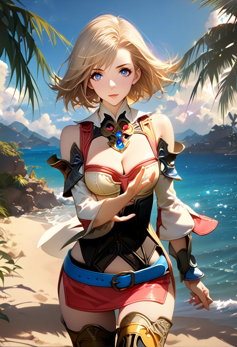 masterpiece, best quality, 8k, 4k, (1girl), ((ashelia final fantasy xii), (Ashelia)), ((short hair), (pale blonde hair), (blue eyes), (white detached sailor like collar), (round brooch), (gold brooch with pink and blue jewel), (white shirt), (longer side shirt), (cleavage), (midriff), (detached sleeves), (bracer), (black corset), (corset under shirt), (reddish pink skirt), (microskirt), (extremely tight skirt), (super tight skirt), (skirt with two slit on the side), (blue belt), (black high thigh with gold pattern) , (gold boots)), slim body, looking at viewer, standing nicely, wind blowing, finely detailed eyes and detailed face, face detailed, hair detailed, clothes detailed, ((high quality)), extreme detail, beach sand, palm tree, calm water, high hills overlooking the sea, hollowed hills,  inspired by Asukaziye artist : ask, art style : ask