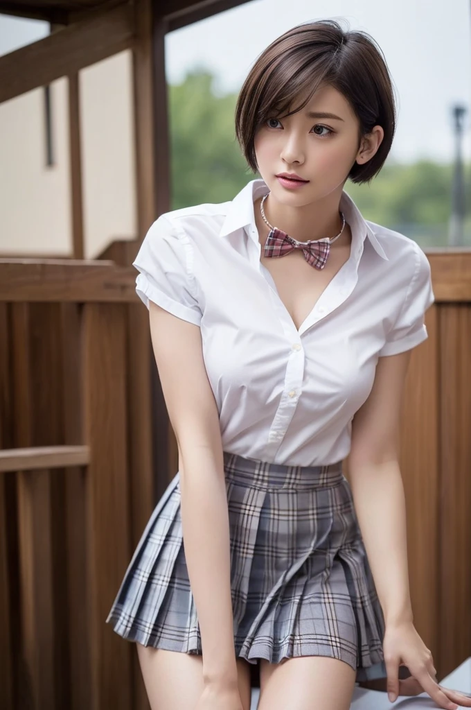 ((masutepiece, Best Quality, hight resolution, nffsw, Perfect Pixel, 4K)), 1girl in, Single, Solo, Beautie、full body seen、 ((Short Wave Hair, Bangs, Brown hair)), ((Brown-eyed, Beautiful eyelashes, Realistic eyes)), ((Detailed face, Blushing:1.2)), ((Smooth texture:0.75, Realistic texture:0.65, Photorealistic:1.1, Anime CG style)), medium breasts, Dynamic Angle, Perfect body, ((red bowtie, , , White shirt, Black skirt, plaid skirts))、school classrooms、early evening、Shy laughter、Angle looking up from below、sit a chair、 (The wind pulled up my skirt、Touch the skirt with both hands、、You can see all the buttocks、White floral panties)、