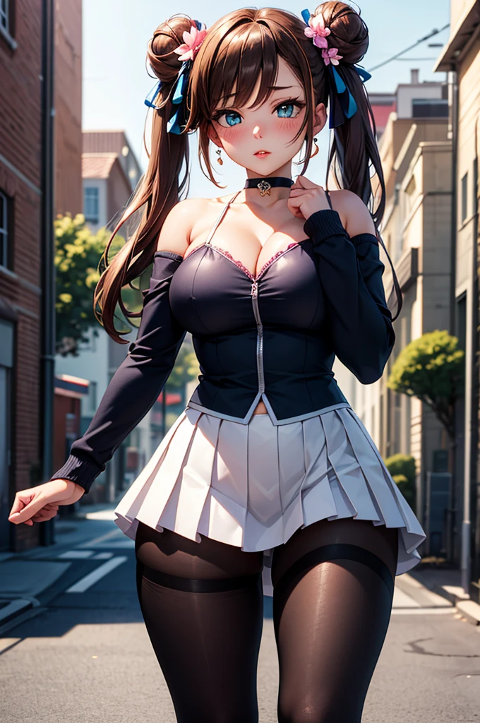 (((In the city))), ((Fashion Model), (skirt), (pantyhose), corset costume)), , ((Shiny Costumes)), skindentation, skinny, solo, 1 woman, Masterpiece, highest quality, highest quality, 16K, incredibly absurd, highly detailed, 2.5D, ai-generated, delicate and dynamic, very delicate facial expressions, delicate eye depiction, erotic, only sexy woman, ((A cute and kind face)), healthy figure, ((25-year-old woman)), 160cm tall, medium firm swaying bust, Dark Hair, blush, Sweat,Embarrassed,sexy, ((thin thighs)),, (camel toe:0.7), , (Erect nipples,:0.7), shiny and lustrous, facing straight at viewer, (((in heat))), ((Oily_skin)), ((Lots of sweat)), (((Brown Skin))), ((dutch angle)), ((erotic pose)), ((City sidewalk in midsummer)),, (((Very dynamic pose))),