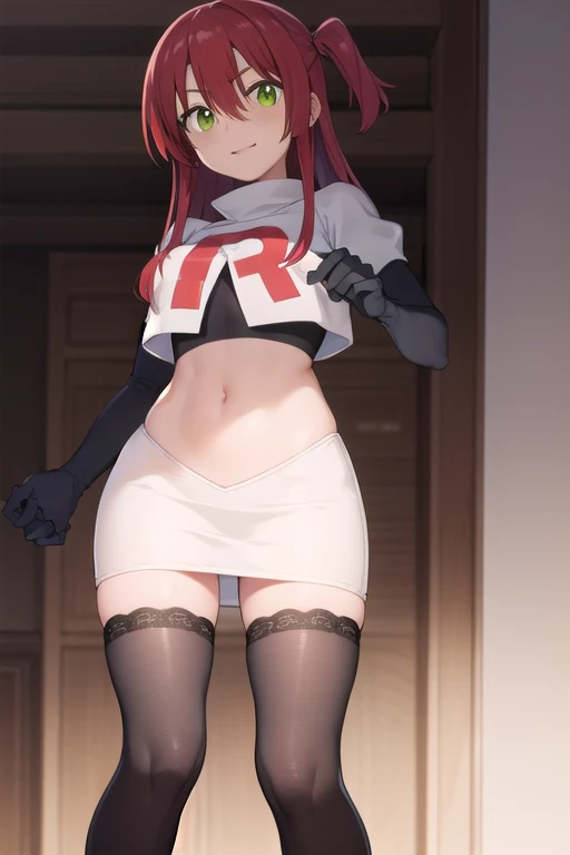 celica fe ,glossy lips, light makeup, eye shadow, earrings ,team rocket,team rocket uniform, red letter R, white skirt,white crop top,black thigh-high boots, black elbow gloves, sinister villianess look, looking down on viewer, pantie shot