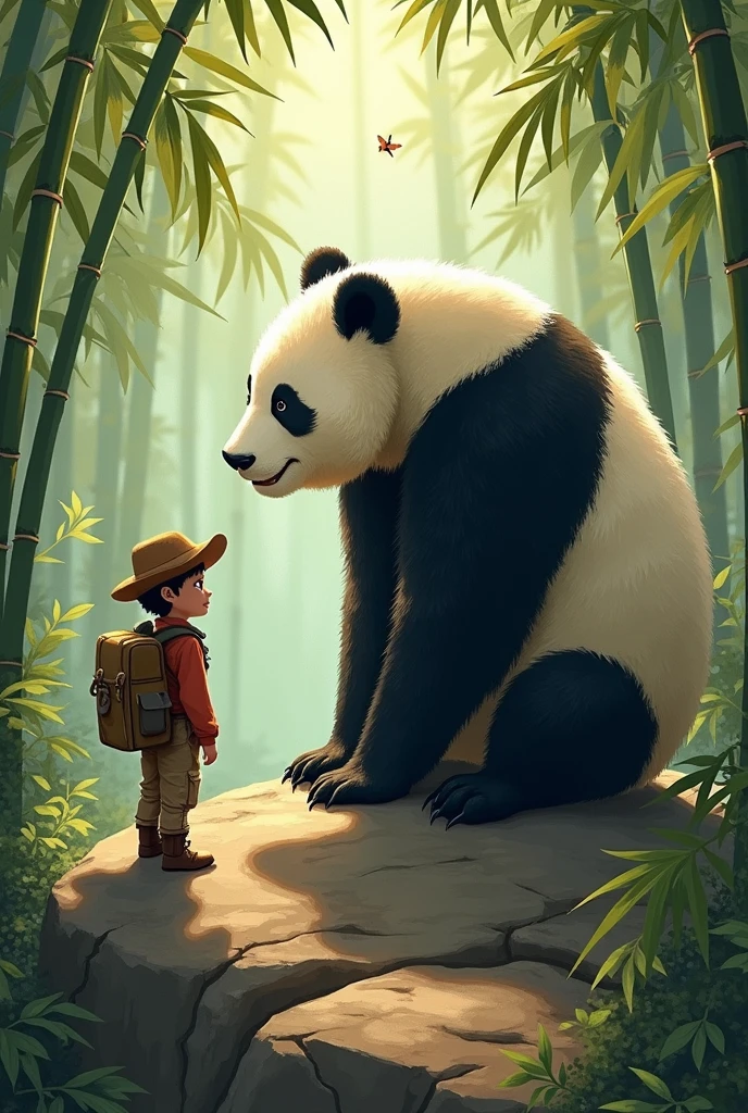 The FarewellThe panda, now larger and stronger, is standing at the edge of the forest, while the boy waves goodbye from a short distance away. The panda looks back one last time before heading into the deeper part of the bamboo forest. The mood is bittersweet, with soft, muted colors capturing the moment of farewell.